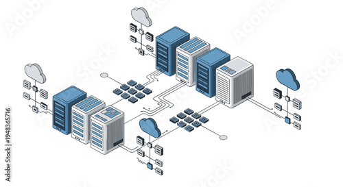 An isometric diagram illustrates a complex data center network with multiple server racks, cloud icons, and connected devices on a white background.
