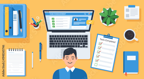 An overhead view of a person working at a yellow desk with a laptop displaying a task management app and a clipboard with completed tasks.