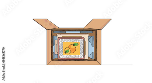 An open brown cardboard box, viewed from above, is filled with colorful packaged items, including one with an orange fruit design.