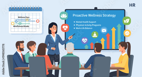 A female presenter points at a screen displaying a Proactive Wellness Strategy to a diverse group of five colleagues in a meeting room.