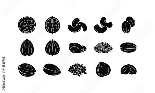 Diverse illustrations of various types of nuts and seeds in black and white