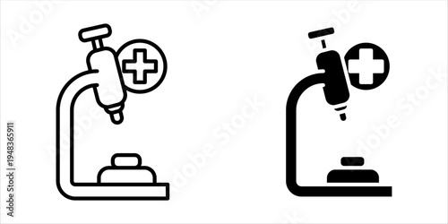 Solid icon SET. of a microscope with medical cross symbol representing laboratory research, healthcare diagnostics, scientific analysis, and medical testing concepts.