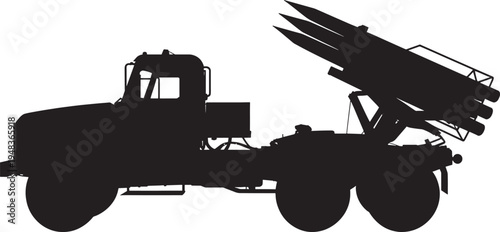 Military truck with rocket launcher, silhouette, black on transparent background, missile system for army