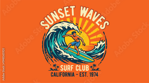 Sunset Waves Surf Club California Est 1974 Vintage TShirt Design.