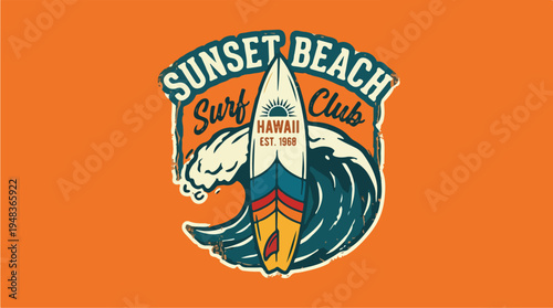 Sunset Beach Surf Club Hawaii Vintage Retro Design.