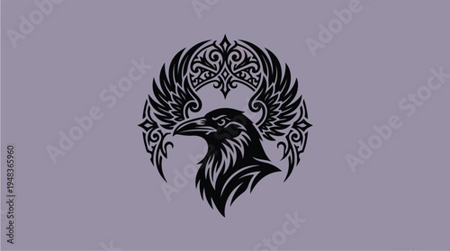 Tribal Raven Head with Ornate Wings Emblem.