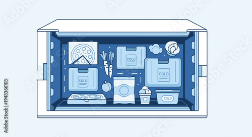 An open white freezer box is filled with various blue-packaged frozen food items.