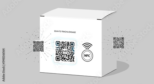 A white box with three QR codes and an NFC symbol on a grey background.