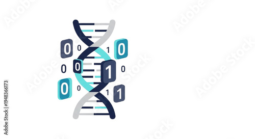 Abstract visualization of a DNA double helix intertwined with binary code representing genetic data and digital biotechnology transformation