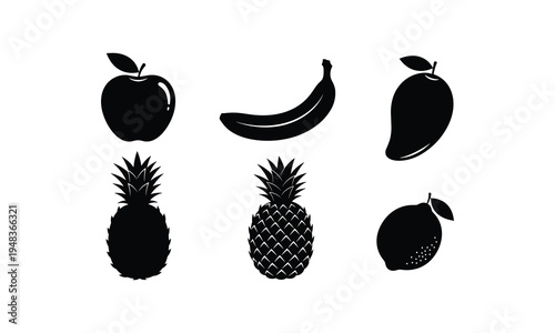 Black and white illustrations of six different tropical and common fruits