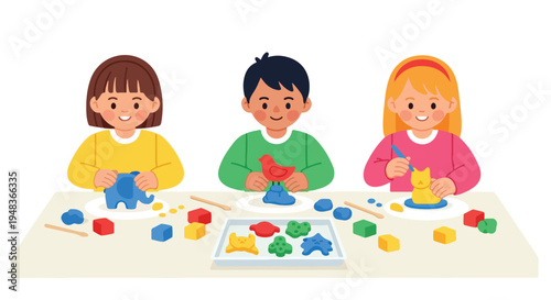 Three diverse children are happily engaged in creative play at a table, molding colorful clay into animal shapes with tools and cookie cutters.