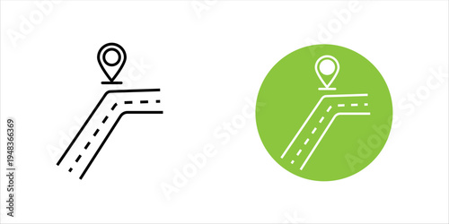 Line icon set. showing map location pin and road route representing navigation systems, GPS tracking, route planning, and travel direction.
