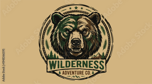 Vintage Wilderness Adventure Co Bear Emblem Logo Design.