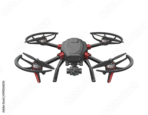 Modern quadcopter drone with camera, aerial photography, surveillance, and remote-controlled aircraft illustration