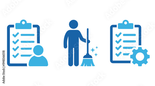 Flat design icons of checklist clipboard with human silhouette and gear for business management and cleaning service concepts
