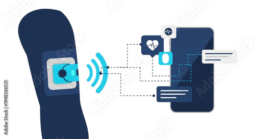 Digital health monitoring Wearable sensor patch wirelessly transmitting vital signs and medical data to a smartphone for remote care and personal health management