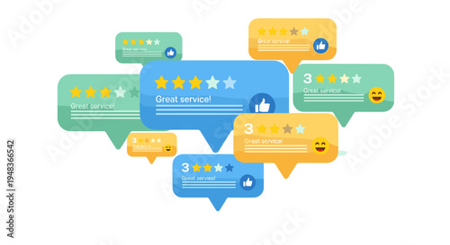 Speech bubbles display customer service ratings and feedback.