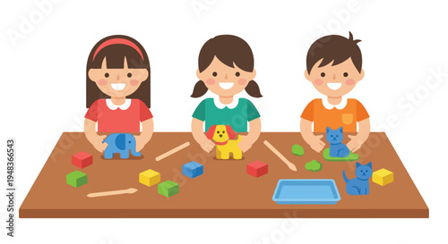 Three smiling children, two girls and a boy, happily play at a table, creating colorful animal figures and shapes with craft supplies.