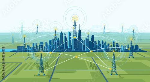 Communication towers connect a city skyline with wireless signals.