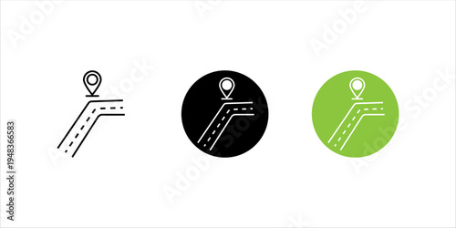 Line icon set. showing map location pin and road route representing navigation systems, GPS tracking, route planning, and travel direction.