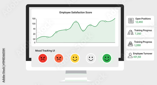 Computer monitor shows employee satisfaction and HR metrics.