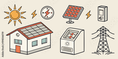 a house with solar panels and various renewable energy icons Vector