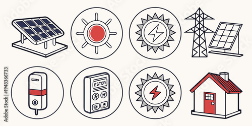 renewable energy icons including solar panels and wind turbine Vector
