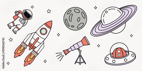 a set of space objects and vehicles for kids Vector