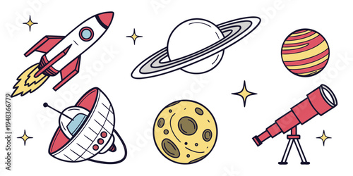 a set of colorful space objects and vehicles Vector