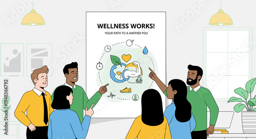 Six diverse people point at a wellness poster in a modern office setting.
