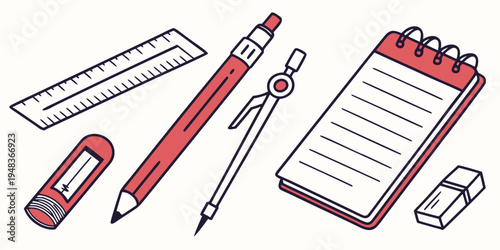 a set of office supplies on a white surface Vector