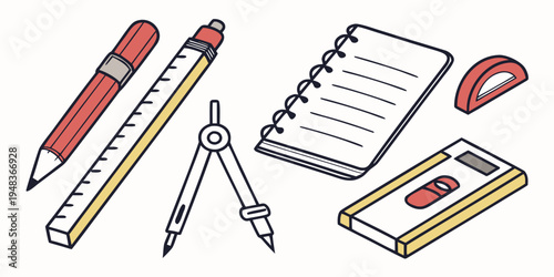 a set of school supplies including a pencil and notebook Vector