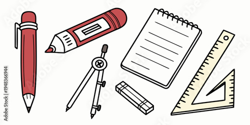 a collection of school supplies and stationery items Vector