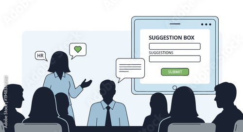 A woman leads a meeting while a digital suggestion box is displayed.