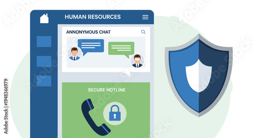 An illustrated mobile application interface displays anonymous chat and secure hotline options alongside a prominent blue security shield.