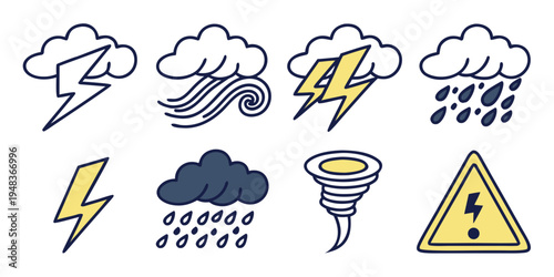 weather icons including lightning, clouds, rain, and a tornado warning sign Vector
