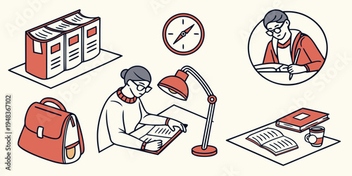 student studying with school supplies and clock Vector