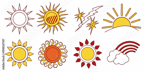 a collection of different cartoon sun and sunburst icons Vector