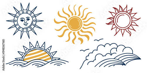 a set of weather icons including sun and clouds Vector