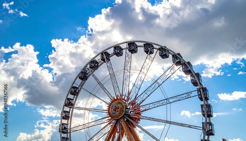 Ferris wheel silhouette against bright blue sky with fluffy white clouds and sun shining through