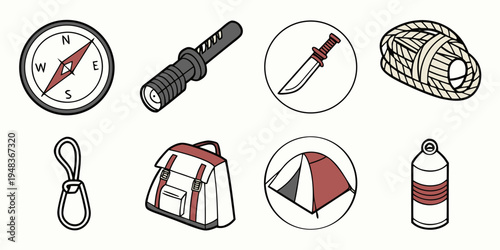 collection of camping and hiking equipment Vector