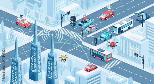 An isometric smart city intersection with autonomous vehicles and towers.