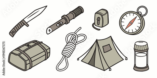 camping gear and tools for outdoor adventure Vector