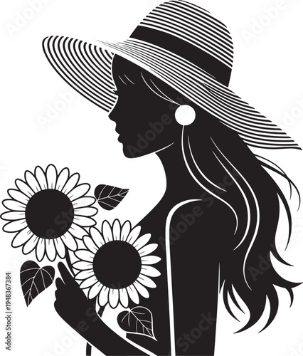 Elegant woman silhouette wearing summer hat holding sunflowers for beauty and fashion spring concept