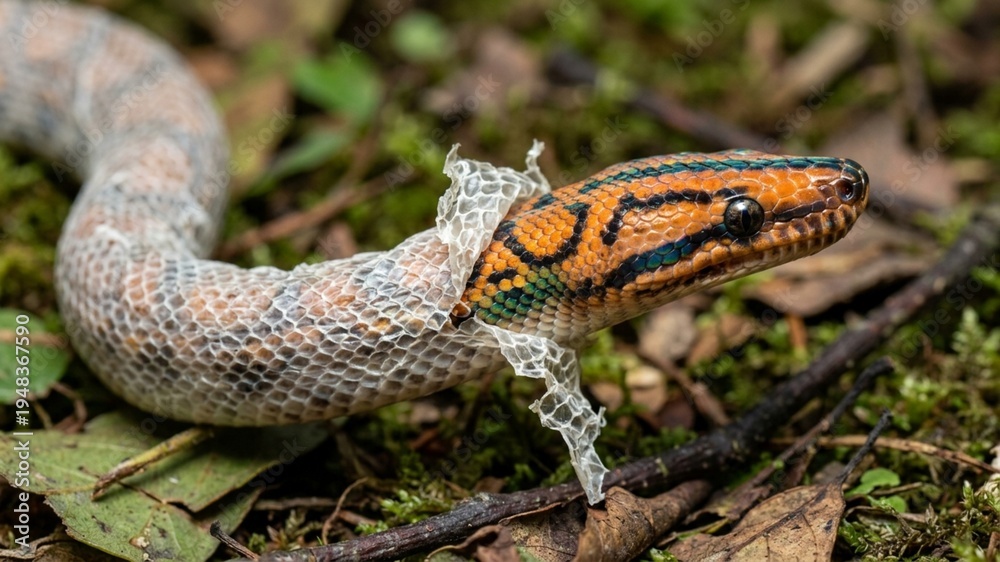 Obraz premium Macro photograph of a colorful orange and green snake shedding its old skin (ecdysis) while crawling through forest leaves and twigs.