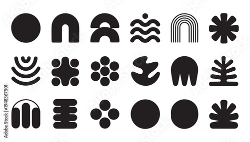 Collection of various black abstract shapes and symbols on white background