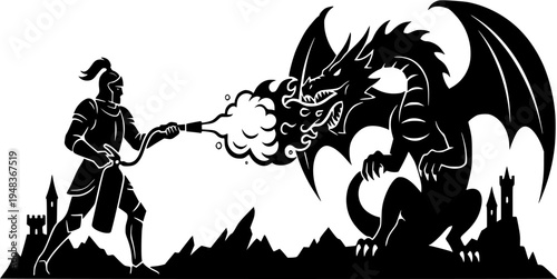 Humorous minimalist black and white vector silhouette of a medieval knight using a modern fire extinguisher to stop a fire-breathing dragon.