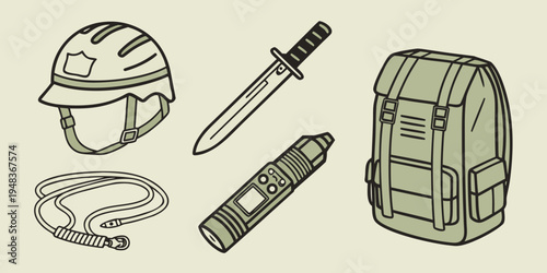 a collection of military gear and tools Vector