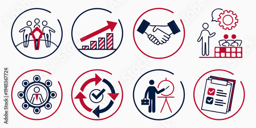 eight circular icons for business processes and management Vector