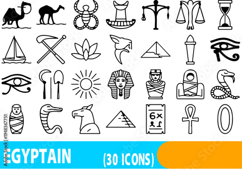Comprehensive set of ancient Egyptian cultural icons illustrating historical symbols, mythological figures, architectural elements, and everyday objects from this fascinating civilization for.